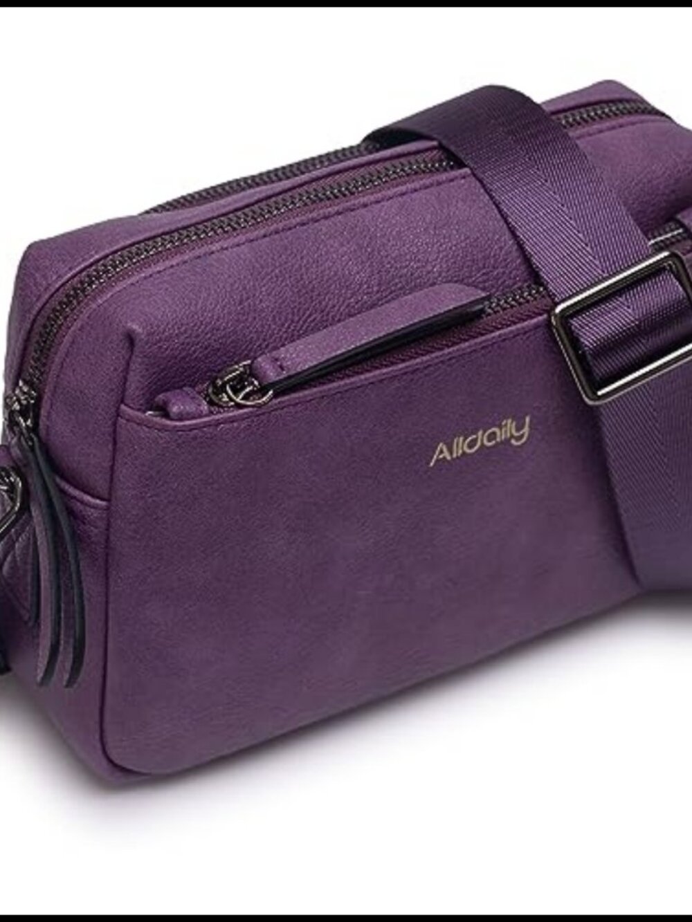 Triple Zip Crossbody Purse Vegan Leather Wide Shoulder Strap